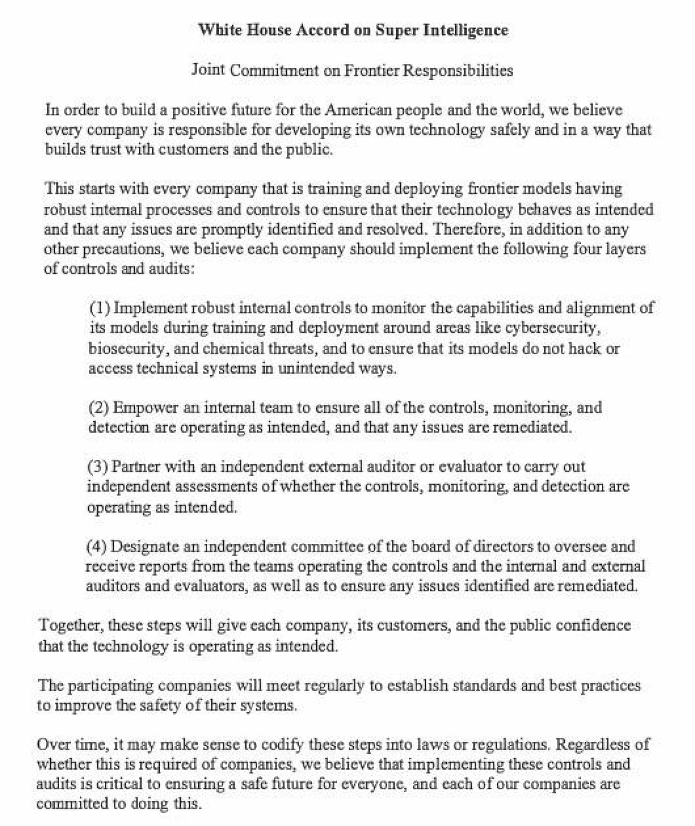 Trang chữ của White House Accord on Super Intelligence, Joint Commitment on Frontier Responsibilities, liệt kê bốn lớp kiểm soát và kiểm toán mà mỗi công ty nên thực hiện